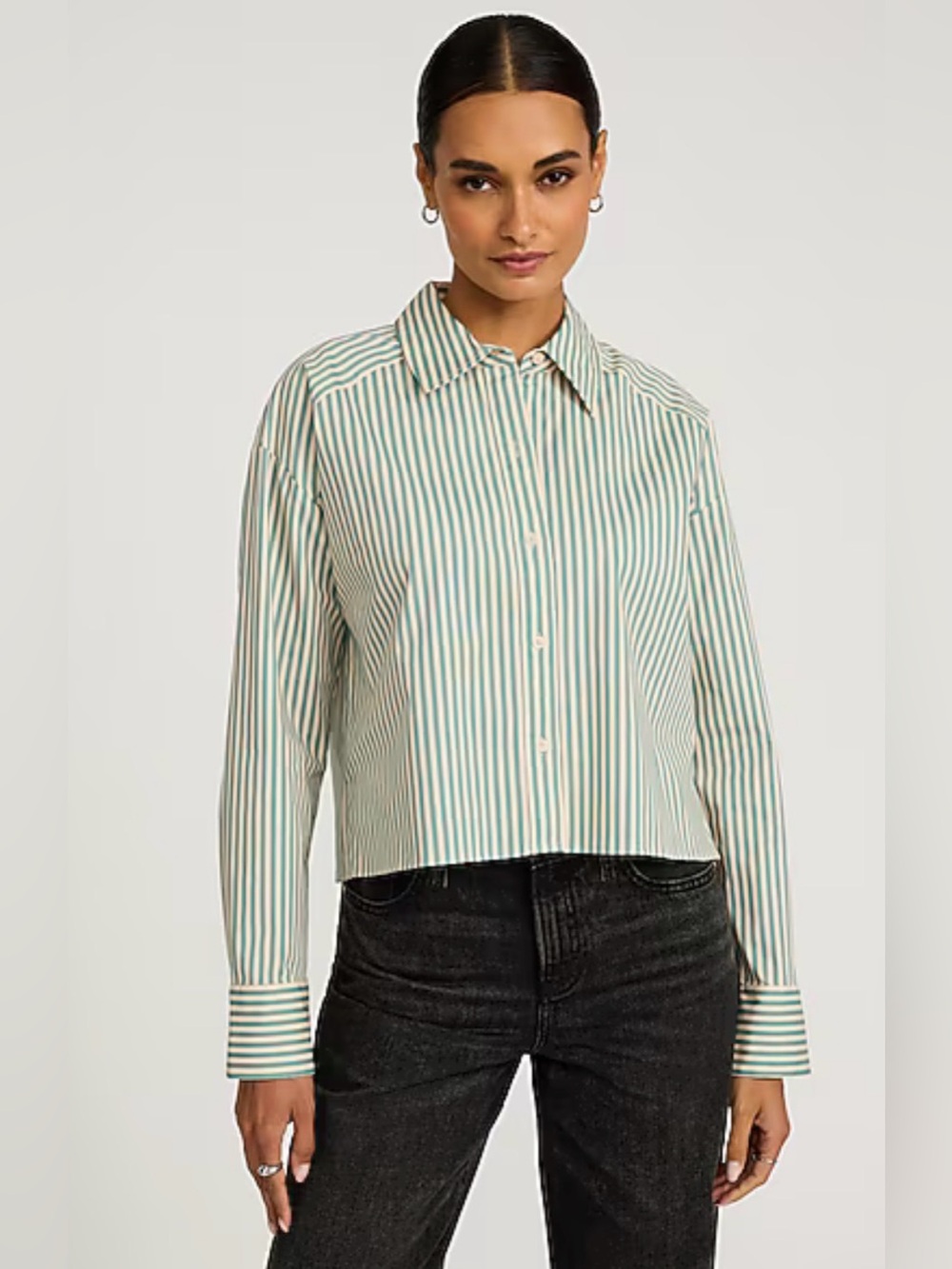 Express Striped Button-Up Shirt in Teal green and Cream stretch poplin shirt